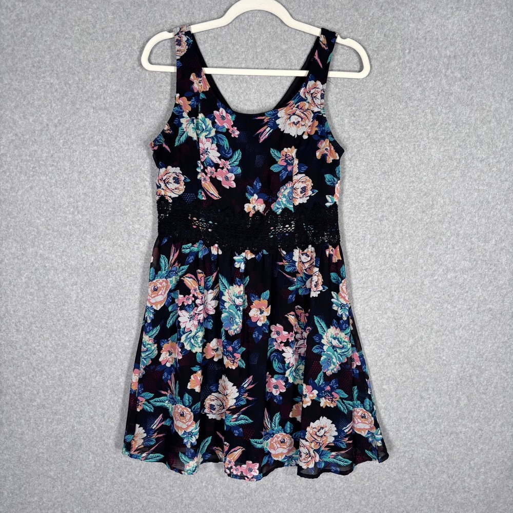 Floral Lace Trim Mini Dress XL Black Peach Dark Romantic Feminine Preppy Roses